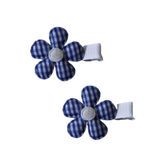 Embellished Non Slip Hair Clip - Blue Checked Flower Baby Toddler Hair Accessories Pinkberry Kisses Pair of Hair Clips 
