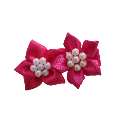 Embellished Non Slip Hair Clip Hair accessories for baby toddler girls - Satin beaded flower duo Bright Pink 