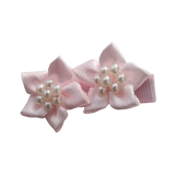 Embellished Non Slip Hair Clip Hair accessories for baby toddler girls - Satin beaded flower duo Light Pink Pinkberry Kisses