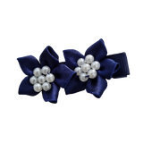 Embellished Non Slip Hair Clip Hair accessories for baby toddler girls - Satin beaded flower duo navy Pinkberry Kisses
