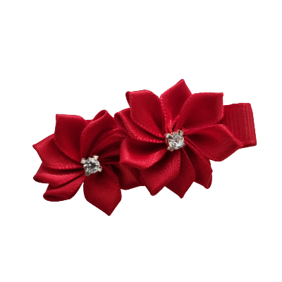 Embellished Non Slip Hair Clip Hair accessories for girls - Satin bling flower duo Red