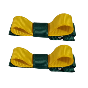 School Hair Accessories Deluxe Hair Clips Girls Hair Bow (Set of 2) Hunter Green  Base & Centre Ribbon Non Slip Clip Bow Pinkberry Kisses Hunter Green Maize Yellow