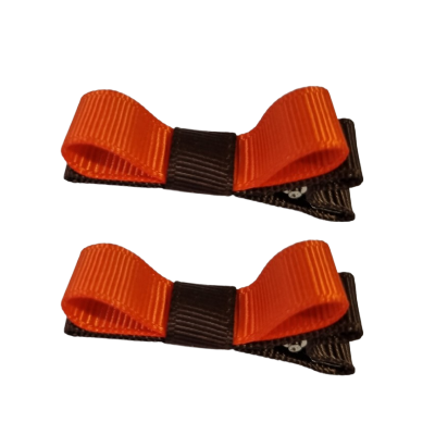 School Hair Accessories Deluxe Hair Clips Girls Hair Bow (Set of 2) Brown Base & Centre Ribbon Non Slip Clip Bow Pinkberry Kisses Brown Autumn Orange