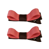 School Hair Accessories Deluxe Hair Clips Girls Hair Bow (Set of 2) Brown Base & Centre Ribbon Non Slip Clip Bow Pinkberry Kisses Brown Coral Rose