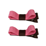 School Hair Accessories Deluxe Hair Clips Girls Hair Bow (Set of 2) Brown Base & Centre Ribbon Non Slip Clip Bow Pinkberry Kisses Brown Hot Pink