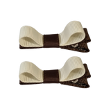 School Hair Accessories Deluxe Hair Clips Girls Hair Bow (Set of 2) Brown Base & Centre Ribbon Non Slip Clip Bow Pinkberry Kisses Brown Ivory Cream