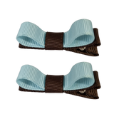 School Hair Accessories Deluxe Hair Clips Girls Hair Bow (Set of 2) Brown Base & Centre Ribbon Non Slip Clip Bow Pinkberry Kisses Brown Light Blue