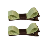 School Hair Accessories Deluxe Hair Clips Girls Hair Bow (Set of 2) Brown Base & Centre Ribbon Non Slip Clip Bow Pinkberry Kisses Brown Lime Juice Green