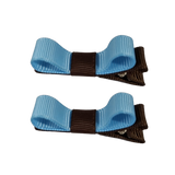 School Hair Accessories Deluxe Hair Clips Girls Hair Bow (Set of 2) Brown Base & Centre Ribbon Non Slip Clip Bow Pinkberry Kisses Brown Misty Turquoise