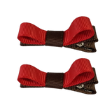 School Hair Accessories Deluxe Hair Clips Girls Hair Bow (Set of 2) Brown Base & Centre Ribbon Non Slip Clip Bow Pinkberry Kisses Brown Red