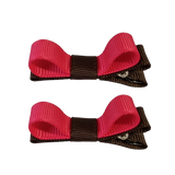 School Hair Accessories Deluxe Hair Clips Girls Hair Bow (Set of 2) Brown Base & Centre Ribbon Non Slip Clip Bow Pinkberry Kisses Brown Shocking Pink