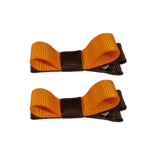 School Hair Accessories Deluxe Hair Clips Girls Hair Bow (Set of 2) Brown Base & Centre Ribbon Non Slip Clip Bow Pinkberry Kisses Brown Autumn Orange