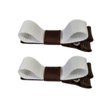 School Hair Accessories Deluxe Hair Clips Girls Hair Bow (Set of 2) Brown Base & Centre Ribbon Non Slip Clip Bow Pinkberry Kisses Brown White