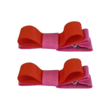 School School Hair Accessories Deluxe Hair Clips Girls Hair Bow (Set of 2) Hot Pink Base & Centre Ribbon Non Slip Clip Bow Pinkberry Kisses Hot Pink  Autumn Orange