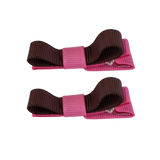 School Hair Accessories Deluxe Hair Clips Girls Hair Bow (Set of 2) Hot Pink Base & Centre Ribbon Non Slip Clip Bow Pinkberry Kisses Hot Pink  Brown