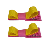 School Hair Accessories Deluxe Hair Clips Girls Hair Bow (Set of 2) Hot Pink Base & Centre Ribbon Non Slip Clip Bow Pinkberry Kisses Hot Pink  Daffodil yellow