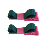 School Hair Accessories Deluxe Hair Clips Girls Hair Bow (Set of 2) Hot Pink Base & Centre Ribbon Non Slip Clip Bow Pinkberry Kisses Hot Pink  Hunter Green Dark Green