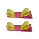 School Hair Accessories Deluxe Hair Clips Girls Hair Bow (Set of 2) Hot Pink Base & Centre Ribbon Non Slip Clip Bow Pinkberry Kisses Hot Pink  Lemon Yellow