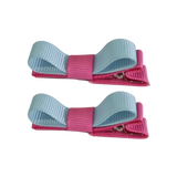School Hair Accessories Deluxe Hair Clips Girls Hair Bow (Set of 2) Hot Pink Base & Centre Ribbon Non Slip Clip Bow Pinkberry Kisses Hot Pink  Light Blue