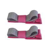 School School Hair Accessories Deluxe Hair Clips Girls Hair Bow (Set of 2) Hot Pink Base & Centre Ribbon Non Slip Clip Bow Pinkberry Kisses Hot Pink  Light Grey Silver