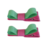 School Hair Accessories Deluxe Hair Clips Girls Hair Bow (Set of 2) Hot Pink Base & Centre Ribbon Non Slip Clip Bow Pinkberry Kisses Hot Pink  Mint Green