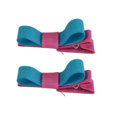 School Hair Accessories Deluxe Hair Clips Girls Hair Bow (Set of 2) Hot Pink Base & Centre Ribbon Non Slip Clip Bow Pinkberry Kisses Hot Pink  misty Turquoise 