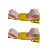 School Hair Accessories Deluxe Hair Clips Girls Hair Bow (Set of 2) Maize Yellow Base & Centre Ribbon Non Slip Clip Bow Pinkberry Kisses Maize Yellow  Light Pink