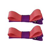 School Hair Accessories Deluxe Hair Clips Girls Hair Bow (Set of 2) Purple Base & Centre Ribbon Non Slip Clip Bow Pinkberry Kisses Purple Coral Pink