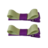 School Hair Accessories Deluxe Hair Clips Girls Hair Bow (Set of 2) Purple Base & Centre Ribbon Non Slip Clip Bow Pinkberry Kisses Purple Key Lime Green