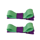 School Hair Accessories Deluxe Hair Clips Girls Hair Bow (Set of 2) Purple Base & Centre Ribbon Non Slip Clip Bow Pinkberry Kisses Purple Mint Green