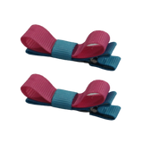 School Hair Accessories Deluxe Clippies (Set of 2) Misty Turquoise Base & Centre Ribbon Non Slip Hair Clip Girls Hair Bow Pinkberry Kisses Misty Turquoise Hot Pink 
