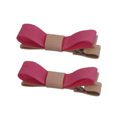 School Hair Accessories Deluxe Clippies (Set of 2) Peach Base & Centre Ribbon Non Slip Hair Clip Girls Hair Bow Pinkberry Kisses Peach Hot Pink