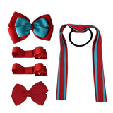 School Hair Accessories Value Pack 4 Piece School Uniform Hair Bow Non Slip Hair Clip Hair Tie Pinkberry Kisses Red Misty Turquoise 