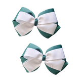 School uniform hair accessories Double Cherish Bow - Hunter Green Forest Green Base & Centre Ribbon White - Pinkberry Kisses Pair