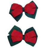 School uniform hair accessories Double Cherish Bow - Hunter Green Forest Green Base & Centre Ribbon Red - Pinkberry Kisses