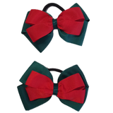 School uniform hair accessories Double Cherish Bow - Hunter Green Forest Green Base & Centre Ribbon Red- Pinkberry Kisses