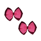 School uniform hair accessories Double Cherish Bow Non Slip Hair Clip Hair Bow Hair Tie - Burgundy Base & Centre Ribbon 11cm Burgundy hot Pink - Pinkberry Kisses Pair  