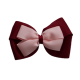 School uniform hair accessories Double Cherish Bow Non Slip Hair Clip Hair Bow Hair Tie - Burgundy Base & Centre Ribbon 11cm Burgundy Light Pink - Pinkberry Kisses
