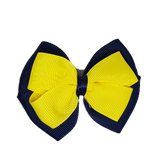 School uniform hair accessories Double Cherish Hair Bow 9cm - Navy Blue Base & Centre Ribbon Daffodil Yellow - Pinkberry Kisses