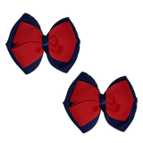 School uniform hair accessories Double Cherish Bow Non Slip Hair Clip Hair Bow Hair Tie - Navy Blue Base & Centre Ribbon 11cm Navy Blue Red - Pinkberry Kisses