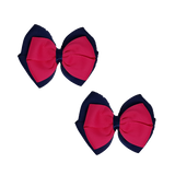 School uniform hair accessories Double Cherish Bow Non Slip Hair Clip Hair Bow Hair Tie - Navy Blue Base & Centre Ribbon 11cm Navy Blue Shocking Pink - Pinkberry Kisses