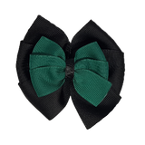 School uniform hair accessories Double Bella Bow 10cm - Black Base & Centre Ribbon Dark Green - Pinkberry Kisses