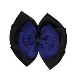 School uniform hair accessories Double Bella Bow 10cm - Black Base & Centre Ribbon Navy Blue - Pinkberry Kisses