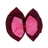 School uniform hair accessories Double Bella Hair Bow 10cm - Burgundy Base & Centre Ribbon Shocking Pink - Pinkberry Kisses