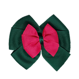 School uniform hair accessories Double Bella Bow 10cm - Dark Green Base & Centre Ribbon Hot Pink - Pinkberry Kisses