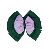 School uniform hair accessories Double Bella Hair Bow 10cm - Dark Green Base & Centre Ribbon Light Purple - Pinkberry Kisses