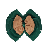 School uniform hair accessories Double Bella Bow 10cm - Dark Green Base & Centre Ribbon Natural - Pinkberry Kisses