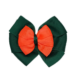 School uniform hair accessories Double Bella Bow 10cm - Dark Green Base & Centre Ribbon Neon Orange - Pinkberry Kisses
