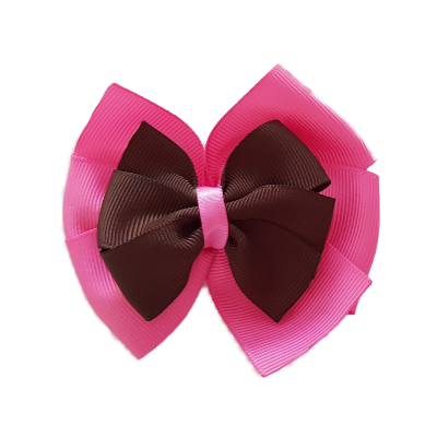 School uniform hair accessories Double Bella Bow 10cm School Non Slip Hair Clip - Pinkberry Kisses Hot Pink Base & Centre Ribbon Brown 