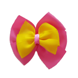 School uniform hair accessories Double Bella Bow 10cm School Non Slip Hair Clip - Pinkberry Kisses Hot Pink Base & Centre Ribbon Daffodil Yellow 